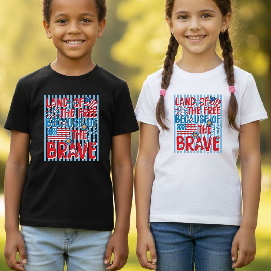 Land of the Free Because of the Brave DTF Transfer Ready to Press Comfort Colors T Shirt Coquette Bow Fireworks Heat Stickers 4th of July