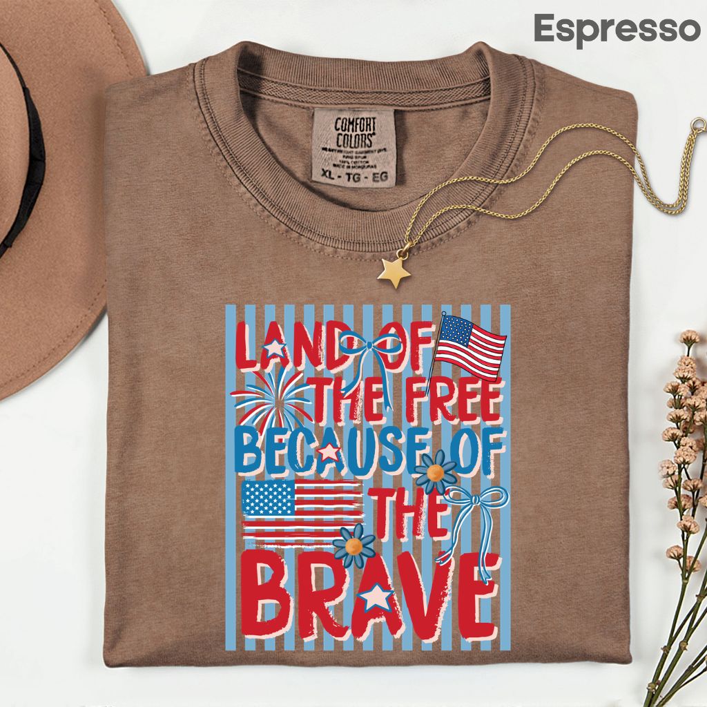 Land of the Free Because of the Brave DTF Transfer Ready to Press Comfort Colors T Shirt Coquette Bow Fireworks Heat Stickers 4th of July