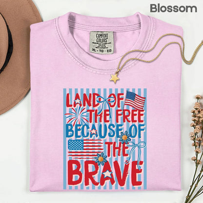 Land of the Free Because of the Brave DTF Transfer Ready to Press Comfort Colors T Shirt Coquette Bow Fireworks Heat Stickers 4th of July