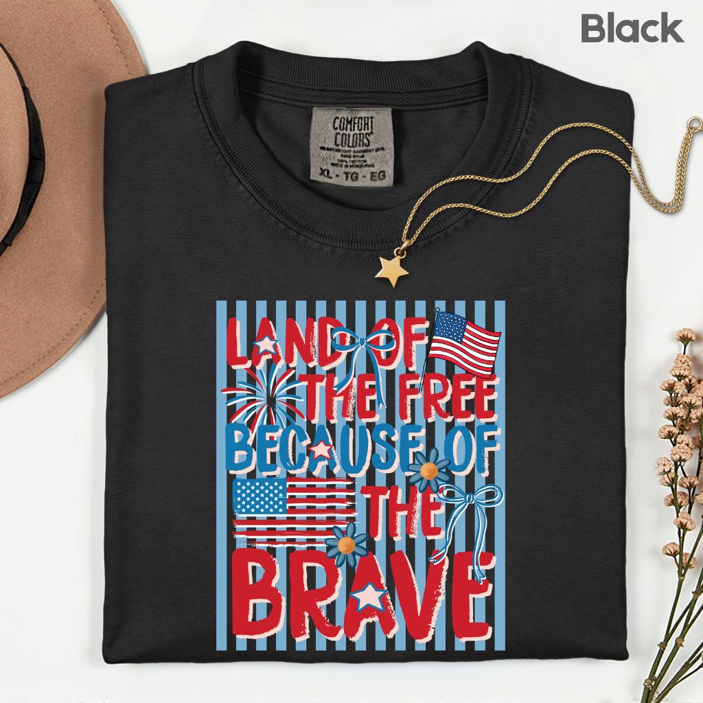 Land of the Free Because of the Brave DTF Transfer Ready to Press Comfort Colors T Shirt Coquette Bow Fireworks Heat Stickers 4th of July