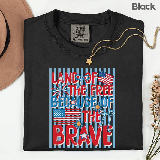 Land of the Free Because of the Brave DTF Transfer Ready to Press Comfort Colors T Shirt Coquette Bow Fireworks Heat Stickers 4th of July