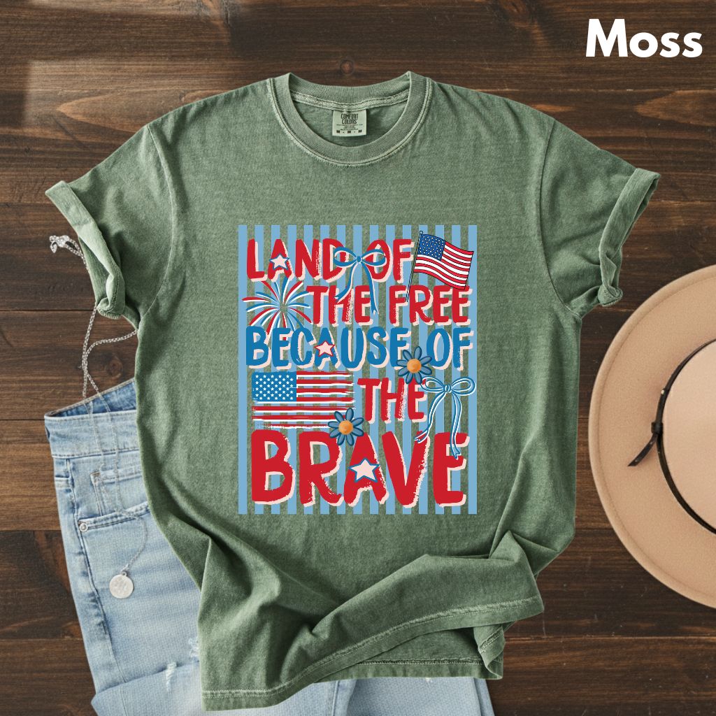 Land of the Free Because of the Brave DTF Transfer Ready to Press Comfort Colors T Shirt Coquette Bow Fireworks Heat Stickers 4th of July