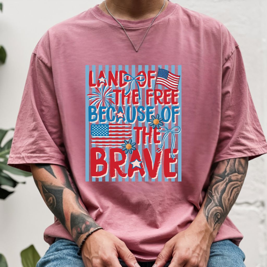 Land of the Free Because of the Brave DTF Transfer Ready to Press Comfort Colors T Shirt Coquette Bow Fireworks Heat Stickers 4th of July