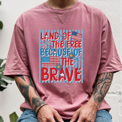Land of the Free Because of the Brave DTF Transfer Ready to Press Comfort Colors T Shirt Coquette Bow Fireworks Heat Stickers 4th of July