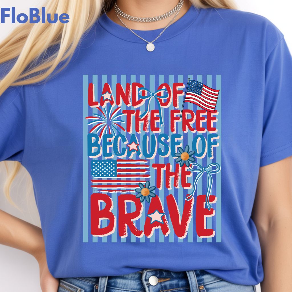 Land of the Free Because of the Brave DTF Transfer Ready to Press Comfort Colors T Shirt Coquette Bow Fireworks Heat Stickers 4th of July