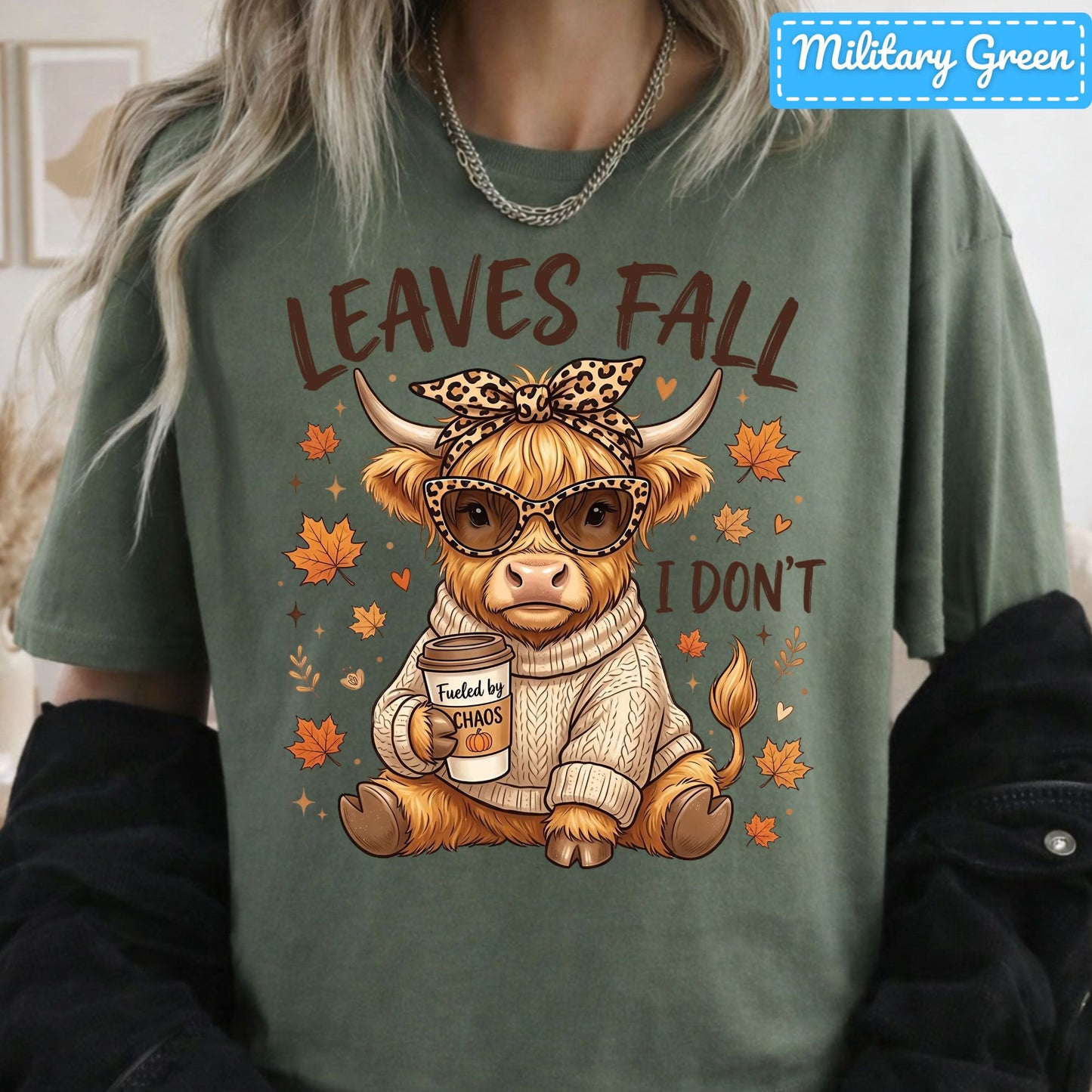 Leaves Fall I Don't Highland Cow T-Shirt, Leopard Bow Coffee Sweatshirt