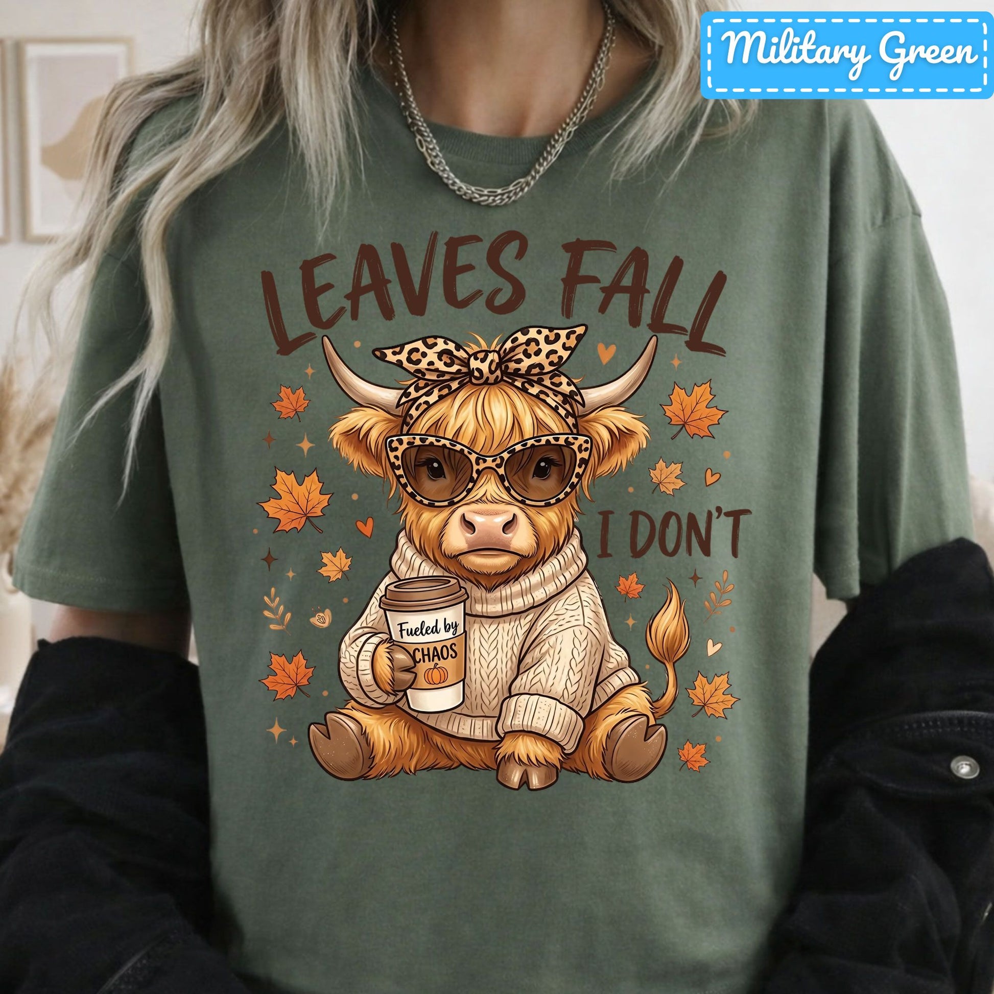 Leaves Fall I Don't Highland Cow T-Shirt, Leopard Bow Coffee Sweatshirt