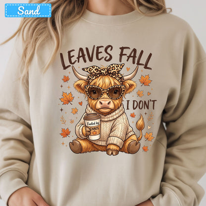 Leaves Fall I Don't Highland Cow T-Shirt, Leopard Bow Coffee Sweatshirt
