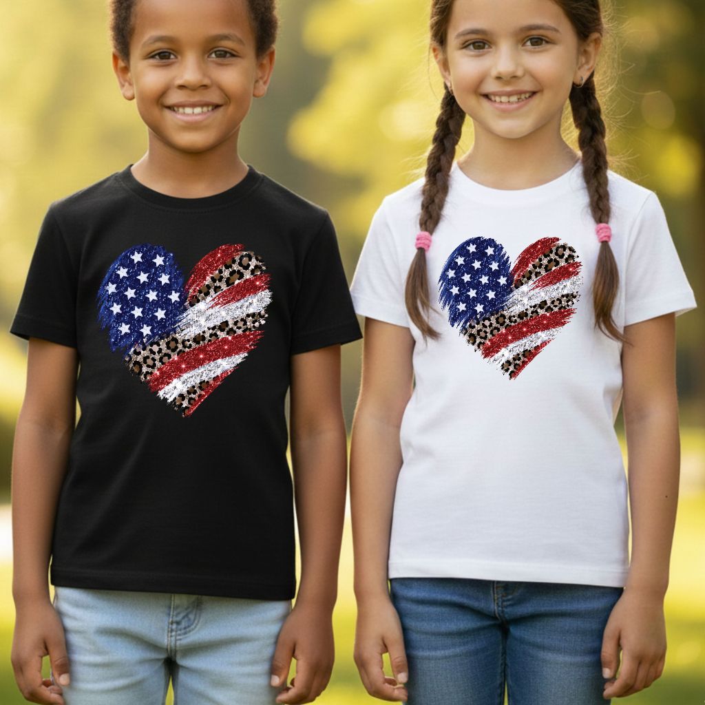 Leopard American Flag Heart Comfort Colors T Shirts Glitter Patriotic Tee Red White Blue 4th of July Shirt Women Fourth of July Gifts