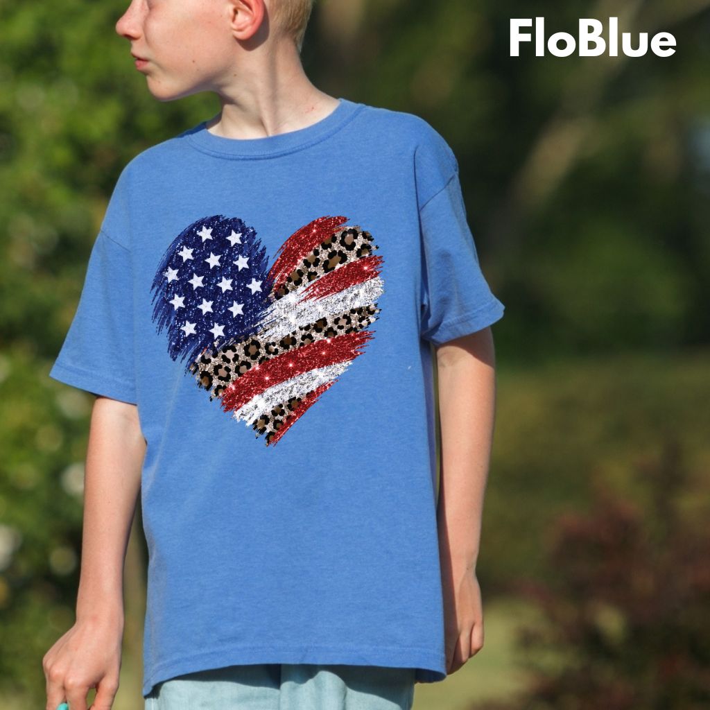 Leopard American Flag Heart Comfort Colors T Shirts Glitter Patriotic Tee Red White Blue 4th of July Shirt Women Fourth of July Gifts