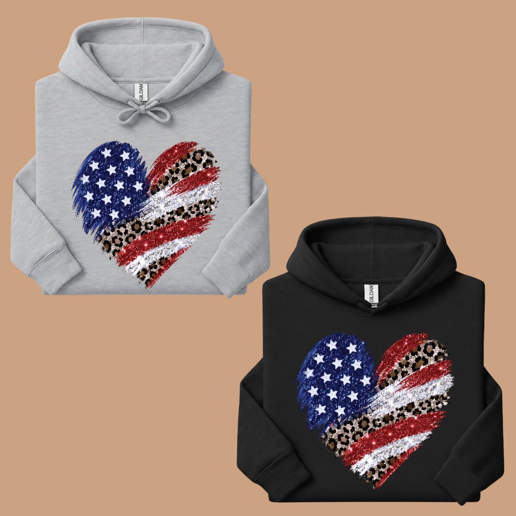 Leopard American Flag Heart Comfort Colors T Shirts Glitter Patriotic Tee Red White Blue 4th of July Shirt Women Fourth of July Gifts