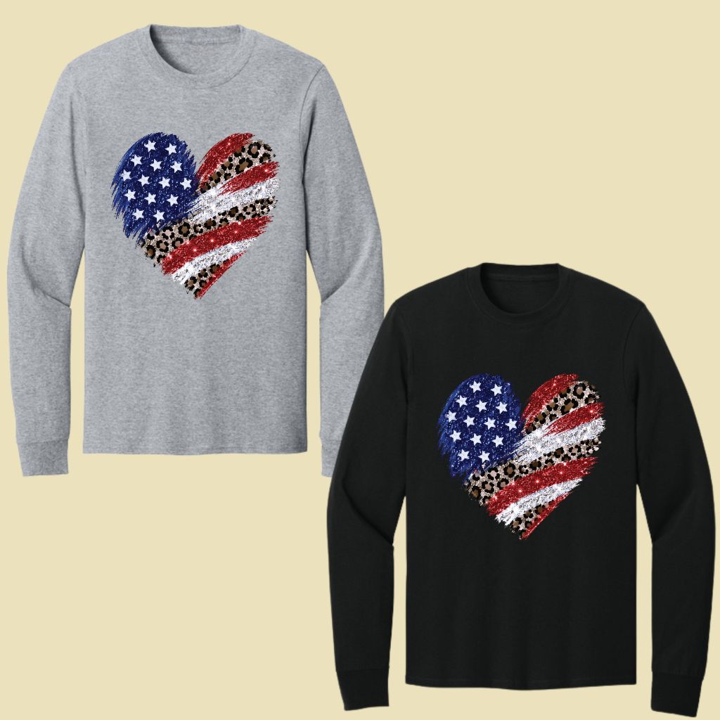 Leopard American Flag Heart Comfort Colors T Shirts Glitter Patriotic Tee Red White Blue 4th of July Shirt Women Fourth of July Gifts