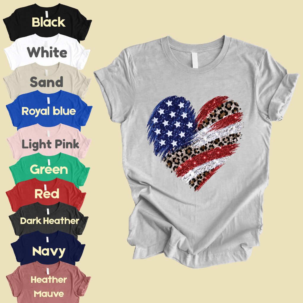 Leopard American Flag Heart Comfort Colors T Shirts Glitter Patriotic Tee Red White Blue 4th of July Shirt Women Fourth of July Gifts