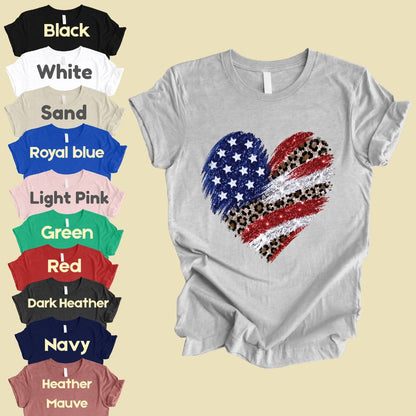 Leopard American Flag Heart Comfort Colors T Shirts Glitter Patriotic Tee Red White Blue 4th of July Shirt Women Fourth of July Gifts