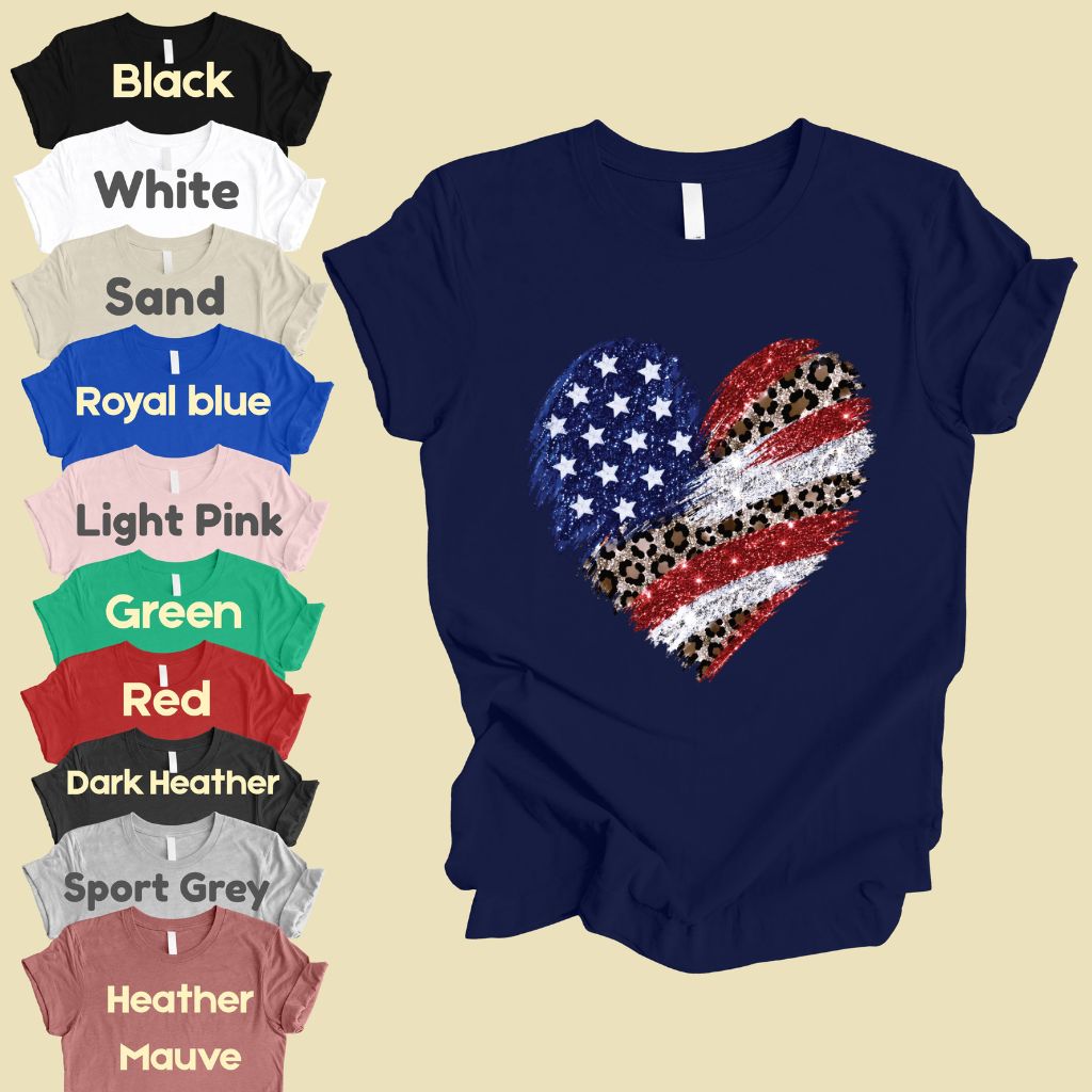 Leopard American Flag Heart Comfort Colors T Shirts Glitter Patriotic Tee Red White Blue 4th of July Shirt Women Fourth of July Gifts