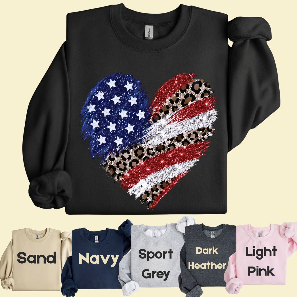 Leopard American Flag Heart Comfort Colors T Shirts Glitter Patriotic Tee Red White Blue 4th of July Shirt Women Fourth of July Gifts