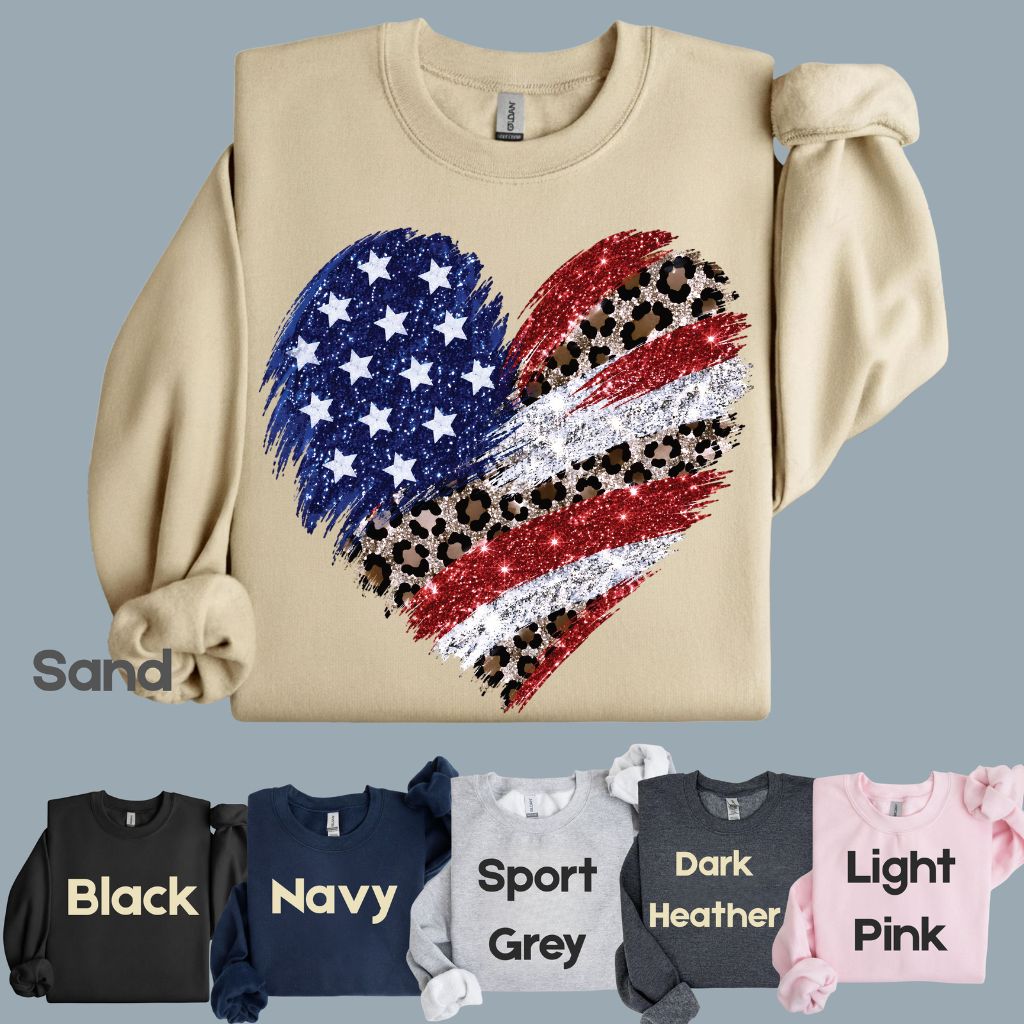 Leopard American Flag Heart Comfort Colors T Shirts Glitter Patriotic Tee Red White Blue 4th of July Shirt Women Fourth of July Gifts
