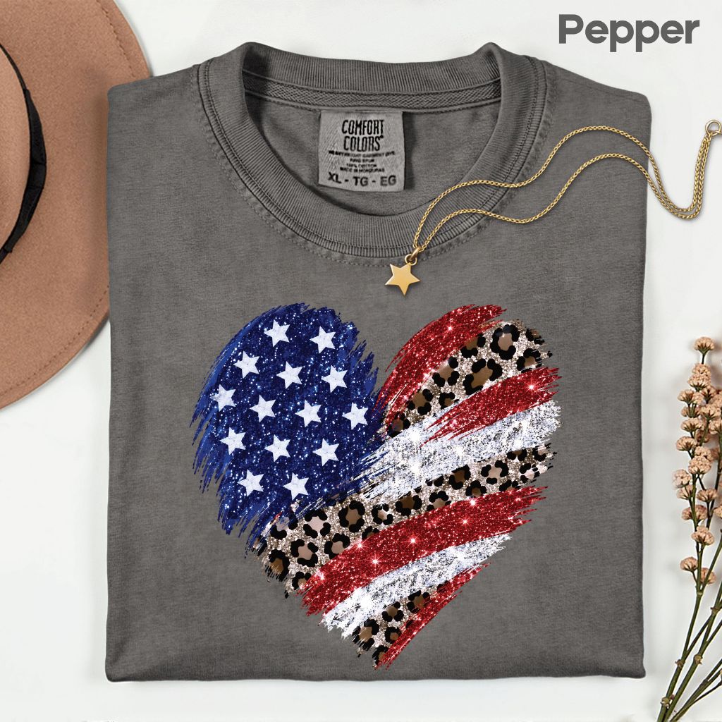 Leopard American Flag Heart Comfort Colors T Shirts Glitter Patriotic Tee Red White Blue 4th of July Shirt Women Fourth of July Gifts
