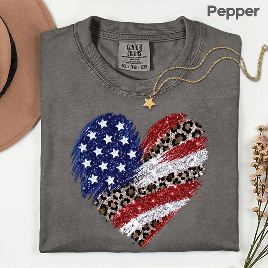 Leopard American Flag Heart Comfort Colors T Shirts Glitter Patriotic Tee Red White Blue 4th of July Shirt Women Fourth of July Gifts