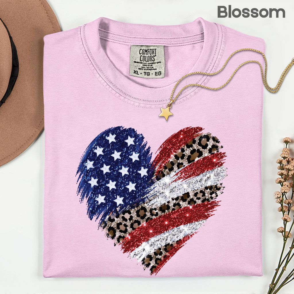 Leopard American Flag Heart Comfort Colors T Shirts Glitter Patriotic Tee Red White Blue 4th of July Shirt Women Fourth of July Gifts