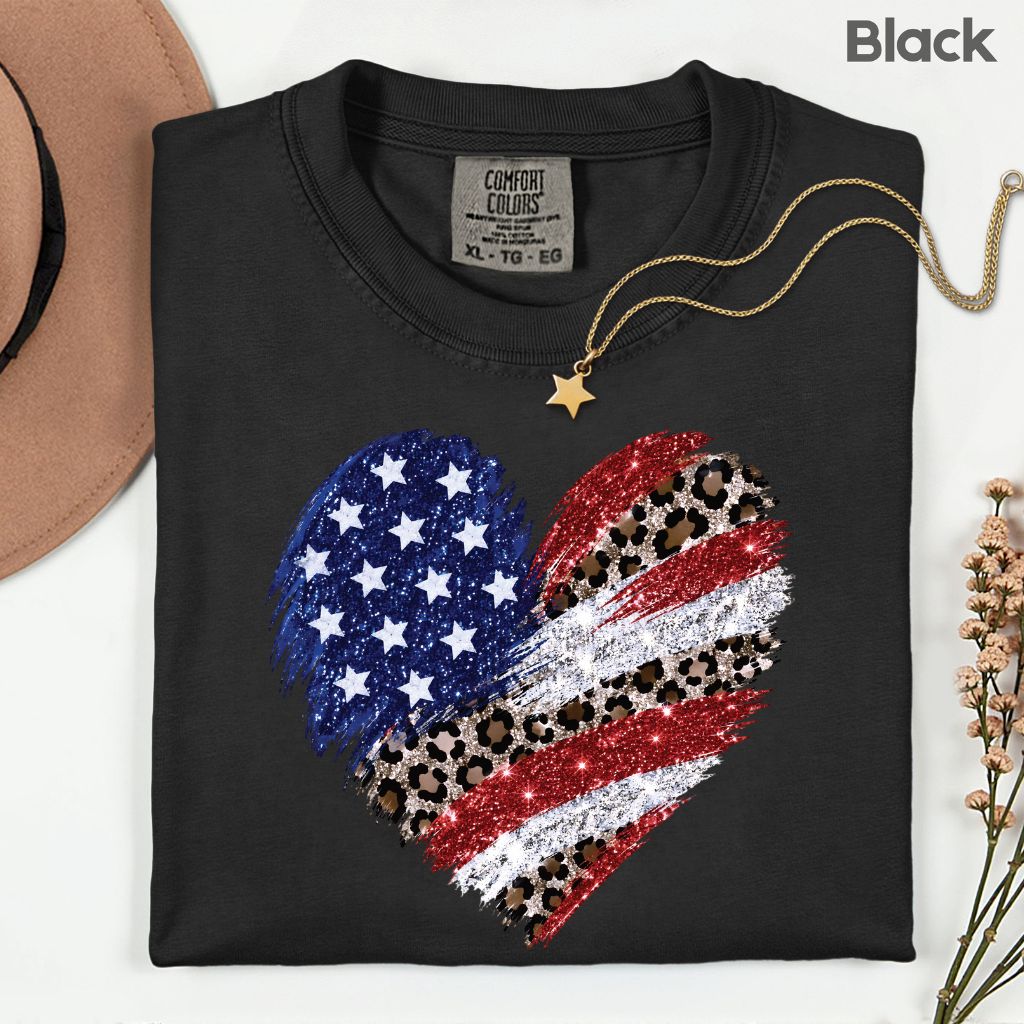 Leopard American Flag Heart Comfort Colors T Shirts Glitter Patriotic Tee Red White Blue 4th of July Shirt Women Fourth of July Gifts