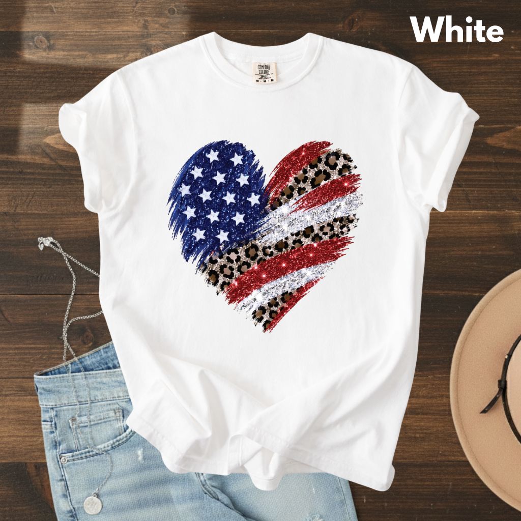 Leopard American Flag Heart Comfort Colors T Shirts Glitter Patriotic Tee Red White Blue 4th of July Shirt Women Fourth of July Gifts
