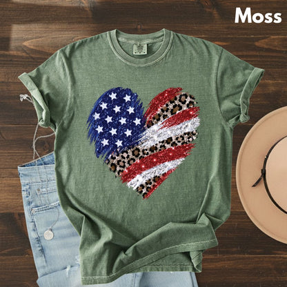 Leopard American Flag Heart Comfort Colors T Shirts Glitter Patriotic Tee Red White Blue 4th of July Shirt Women Fourth of July Gifts