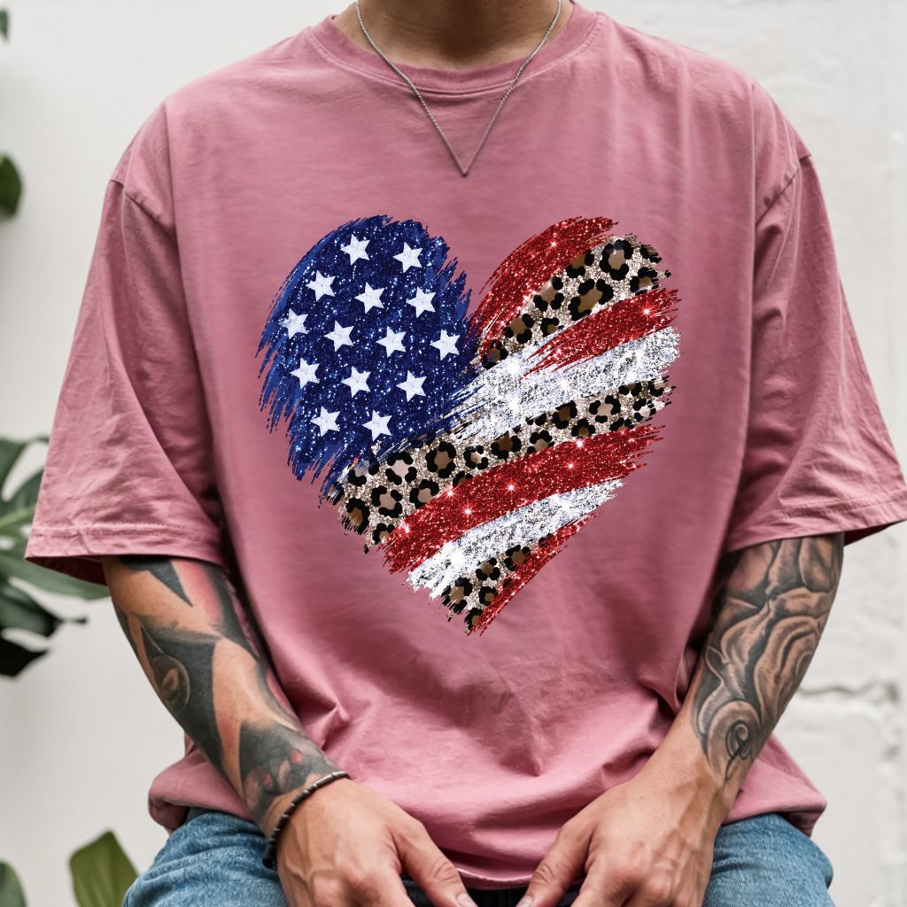 Leopard American Flag Heart Comfort Colors T Shirts Glitter Patriotic Tee Red White Blue 4th of July Shirt Women Fourth of July Gifts