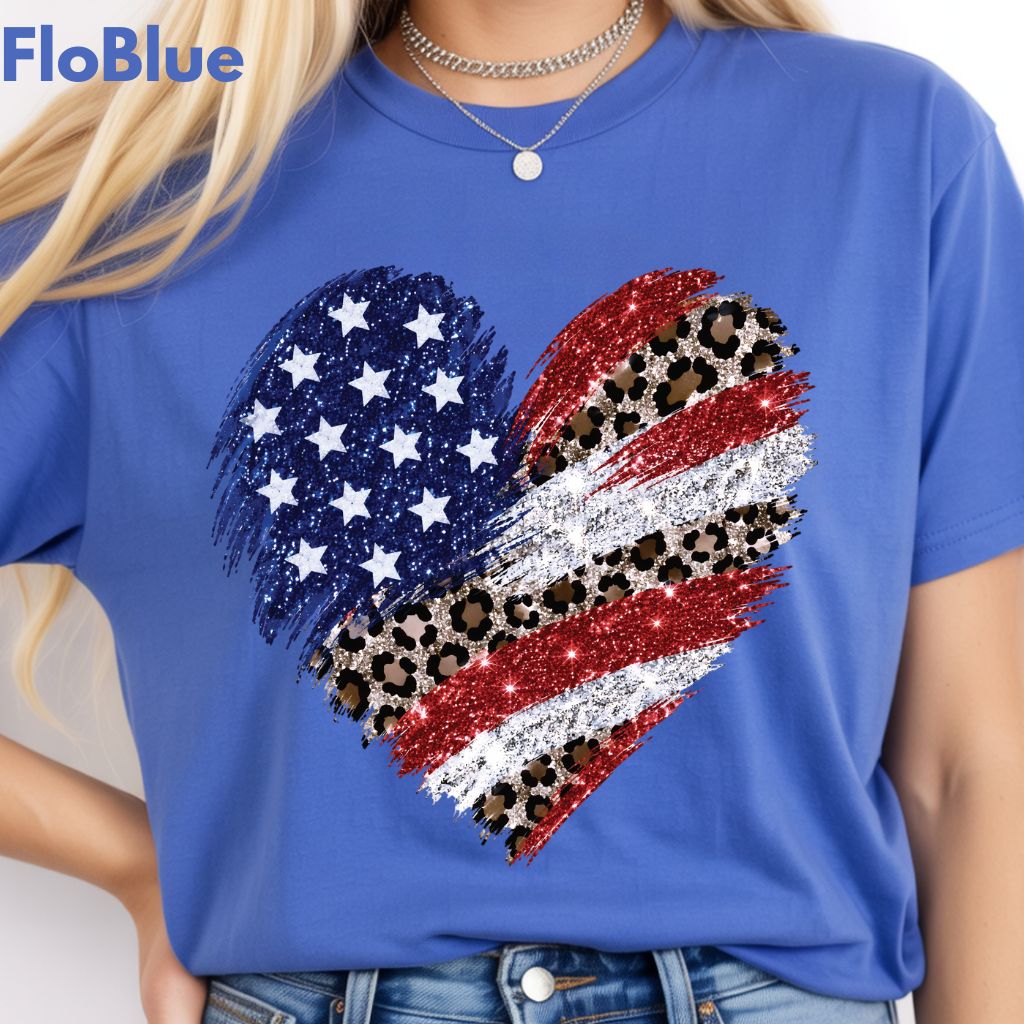 Leopard American Flag Heart Comfort Colors T Shirts Glitter Patriotic Tee Red White Blue 4th of July Shirt Women Fourth of July Gifts