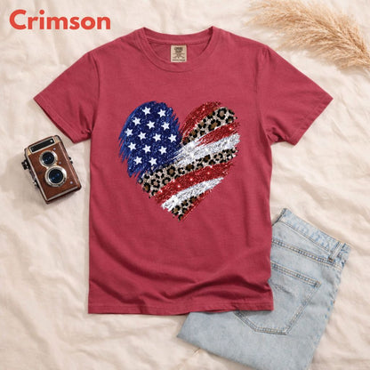 Leopard American Flag Heart Comfort Colors T Shirts Glitter Patriotic Tee Red White Blue 4th of July Shirt Women Fourth of July Gifts