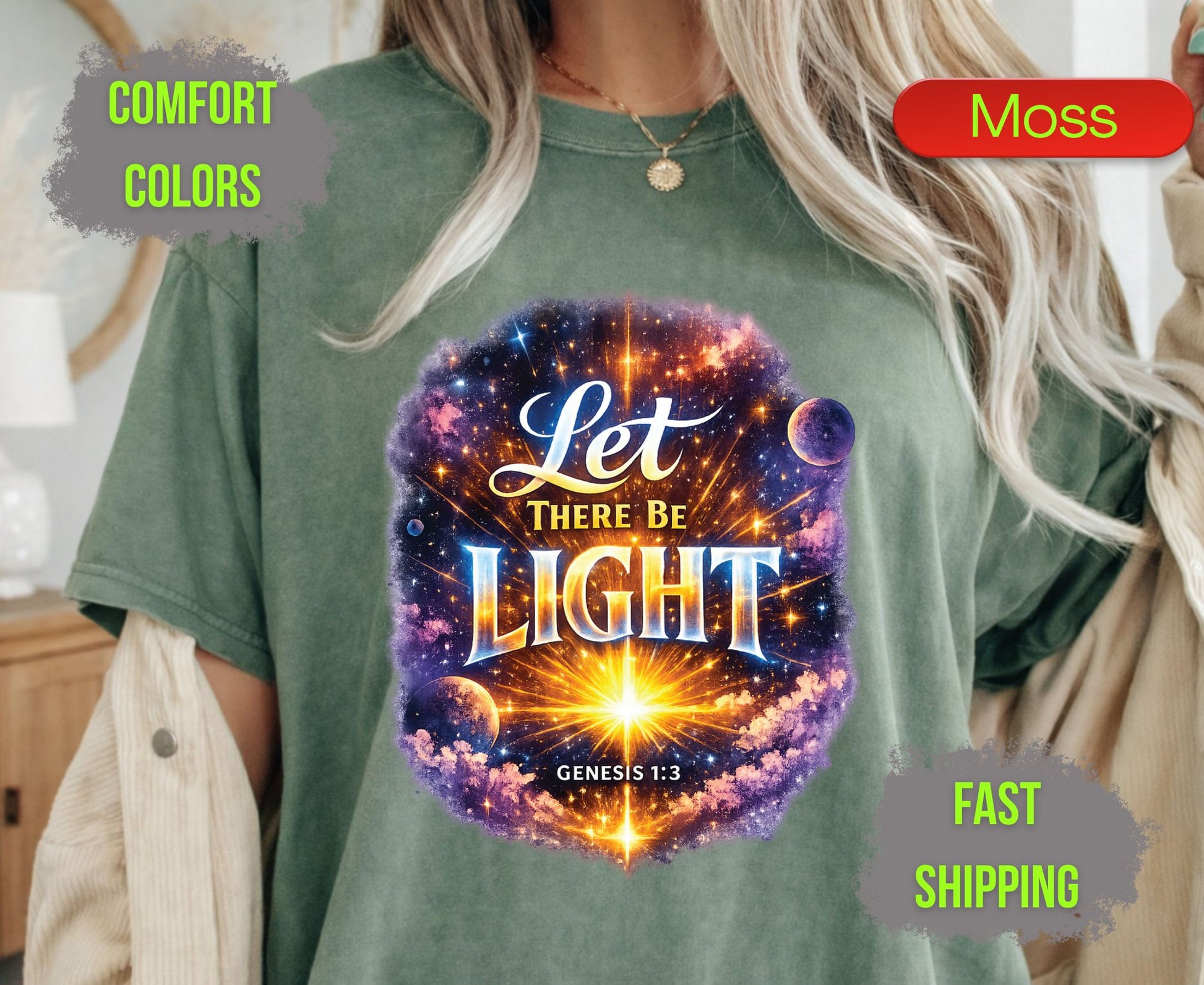 Let There Be Light Comfort Colors T Shirts Genesis 1 3 Tee Christian Galaxy Space Shirt Religious Scripture Bible Quote Creation Graphic Gifts