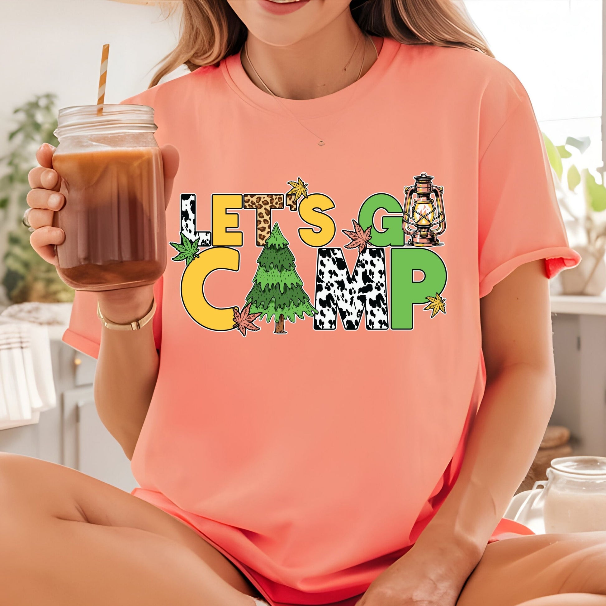 Let's Go Camp DTF Transfer Ready to Press Retro Cowhide Leopard Heat Transfer For Shirt Outdoor Camper UV Sticker Prints Iron on Transfer