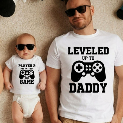 Leveled Up to Daddy Player 2 has Enter The Game Matching T Shirt New Father Gift Gamer Dad Husband Tees Gift From Wife