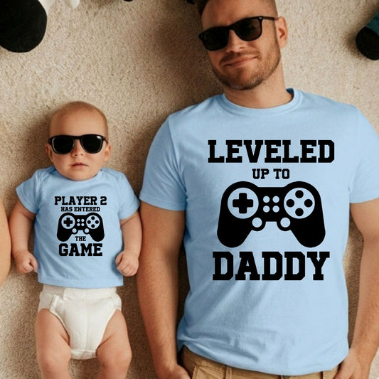 Leveled Up to Daddy Player 2 has Enter The Game Matching T Shirt New Father Gift Gamer Dad Husband Tees Gift From Wife