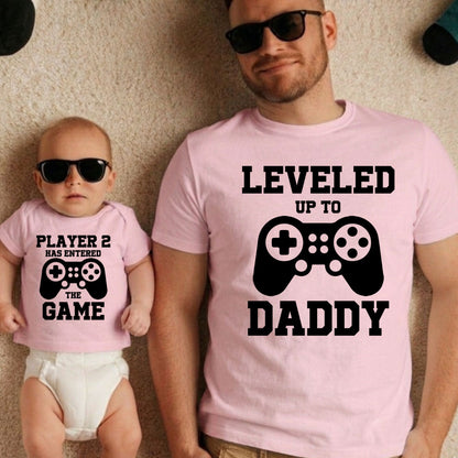 Leveled Up to Daddy Player 2 has Enter The Game Matching T Shirt New Father Gift Gamer Dad Husband Tees Gift From Wife