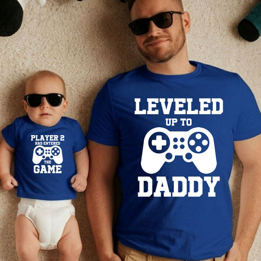 Leveled Up to Daddy Player 2 has Enter The Game Matching T Shirt New Father Gift Gamer Dad Husband Tees Gift From Wife