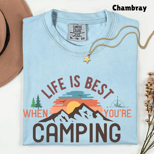 Life Is Best Camping Comfort Colors T Shirt Retro Mountain Sunset Youth Tee Outdoor Adventure Children Sweatshirt Kids Apparel Hiking Gifts