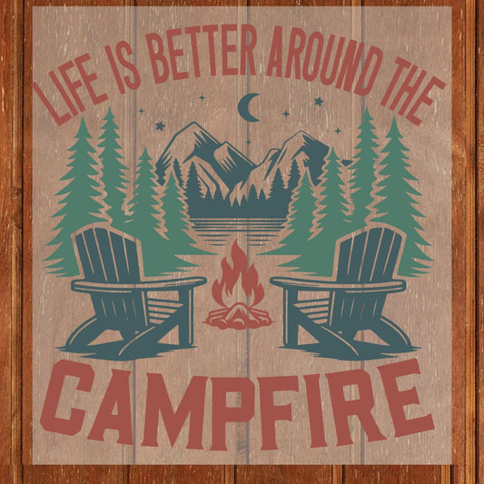 Life Is Better Around The Campfire DTF Transfer Ready to Press Retro Mountain Lake Heat Transfer For Shirt Outdoor Camper UV Sticker Prints