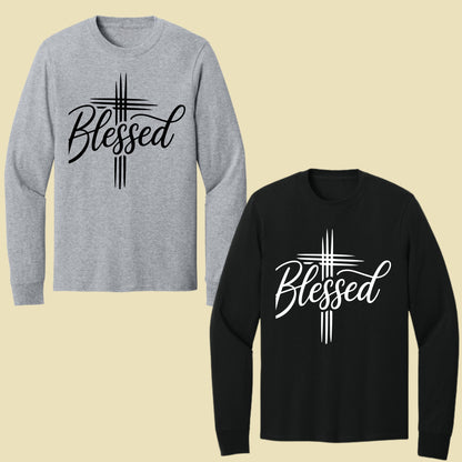 Blessed Cross Christian T-Shirt, Script Cursive Faith Minimalist Religious Tee Sweatshirt