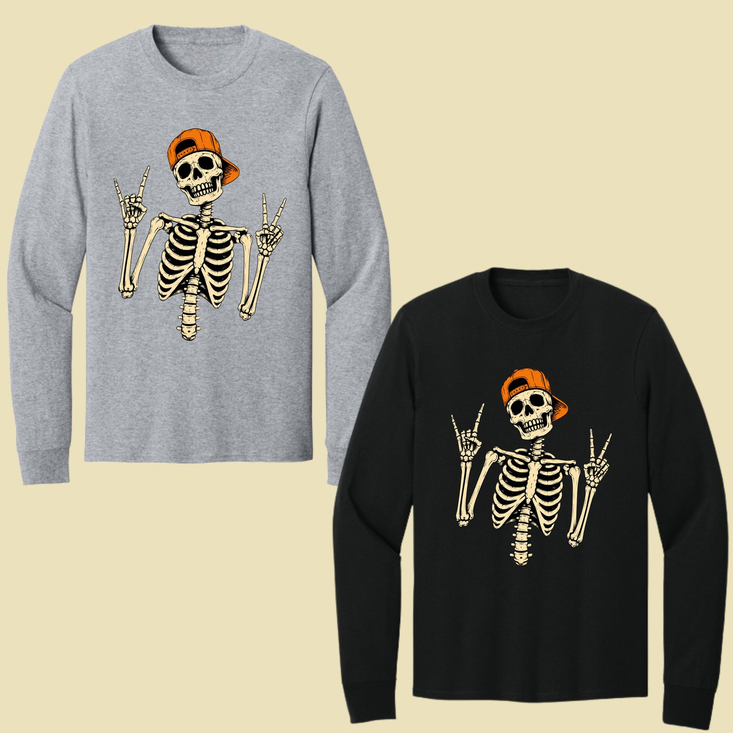 Cool Skeleton Rock On T-Shirt, Peace Sign Halloween Orange Hat Spooky Tee