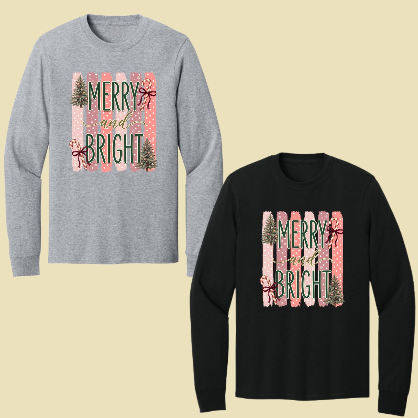 Merry and Bright Comfort Colors T Shirts Cute Christmas Tree Tees Pink Candy Cane Shirt Festive Holiday Winter Graphic Hoodie