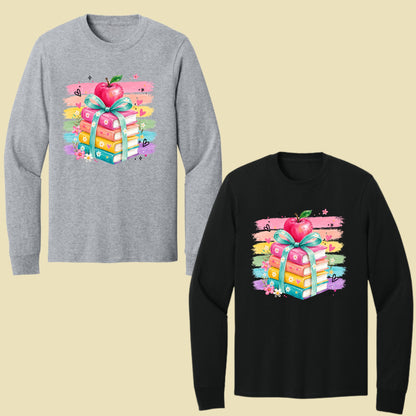 Coquette Stacked Books Teacher T-Shirt, Apple Ribbon Colorful Brushstrokes Comfort Color Tee