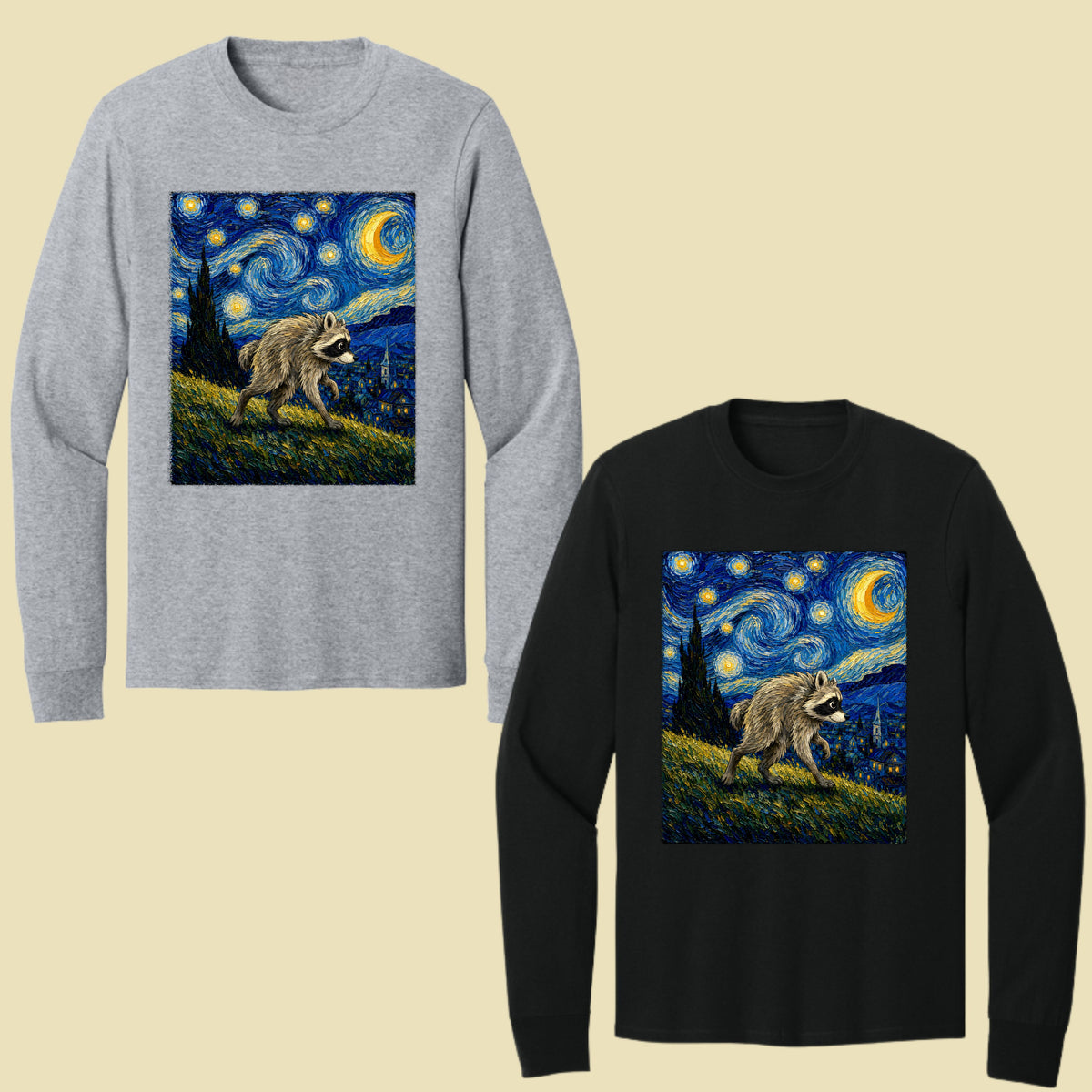 Starry Night Raccoon T-Shirt, Van Gogh Style Oil Painting Funny Wildlife Art Tee