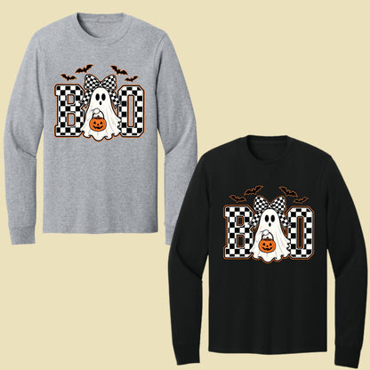 Boo Checkered Bow Ghost Halloween T-Shirt, Pumpkin Bucket Bats Retro Tee Sweatshirt