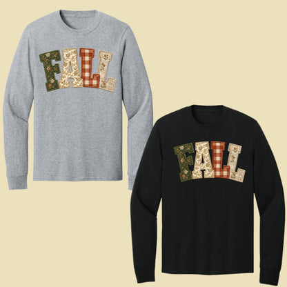 Fall Patchwork Chenille Letters T-Shirt, Quilted Plaid Autumn Thanksgiving Comfort Color Tee