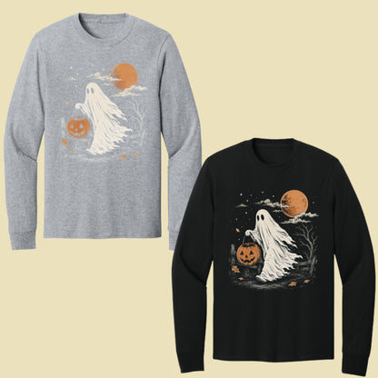 Vintage Halloween Ghost T-Shirt, Jack O Lantern Full Moon Sepia Neutral Tones Spooky Fall Tee