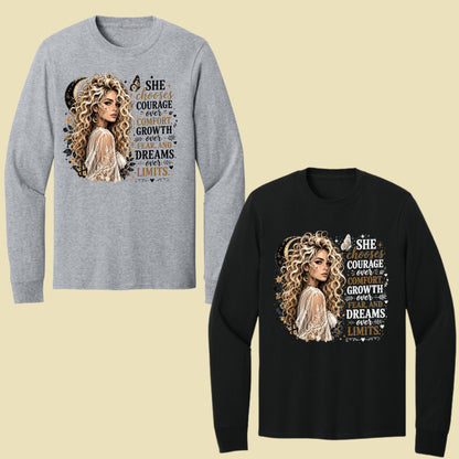 She Chooses Courage Inspirational T-Shirt, Blonde Woman Butterfly Crescent Moon Tee Sweatshirt