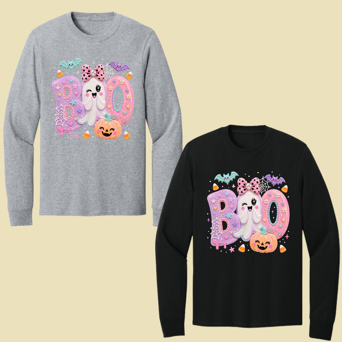 Pastel Cute Ghost Halloween Boo T-Shirt, Pink Purple Bow Pumpkin Candy Corn Girls Tee