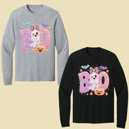 Pastel Cute Ghost Halloween Boo T-Shirt, Pink Purple Bow Pumpkin Candy Corn Girls Tee