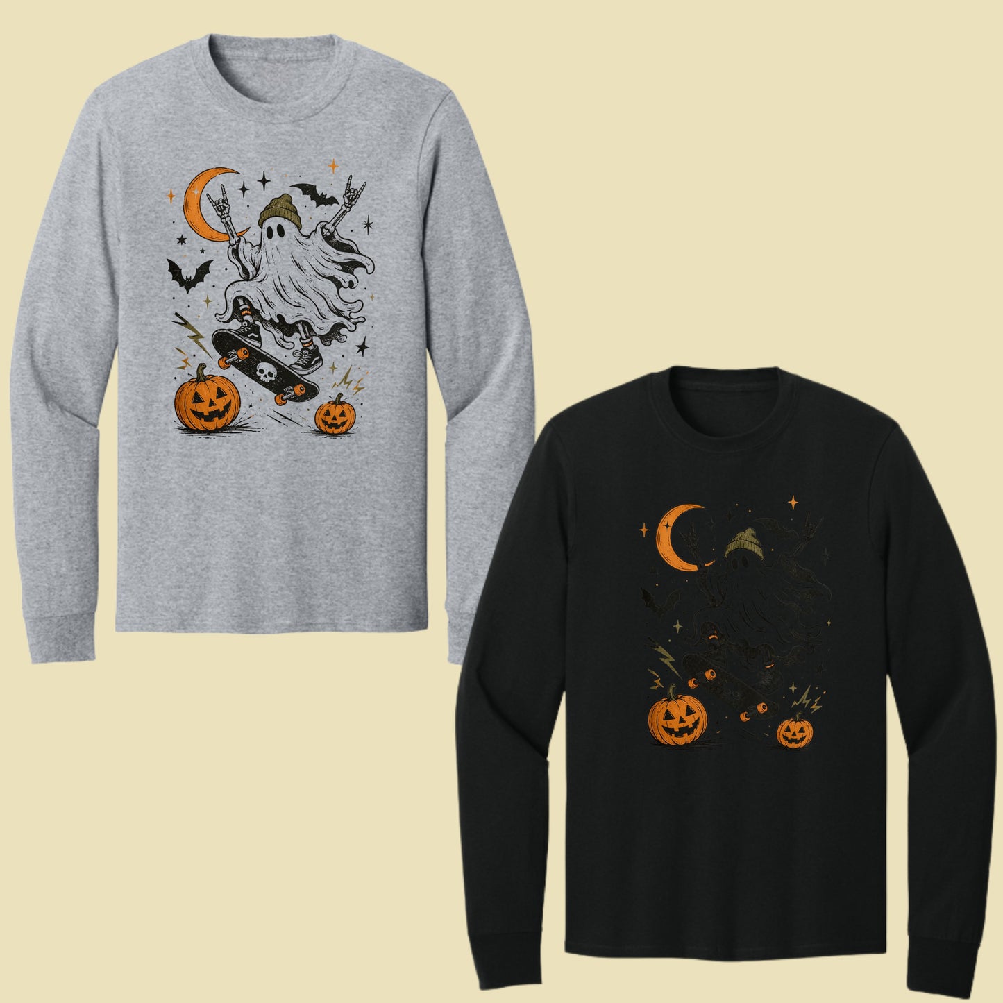 Halloween Skater Ghost Rock On T-Shirt, Skateboarding Skeleton Crescent Moon Pumpkins Bats Tee